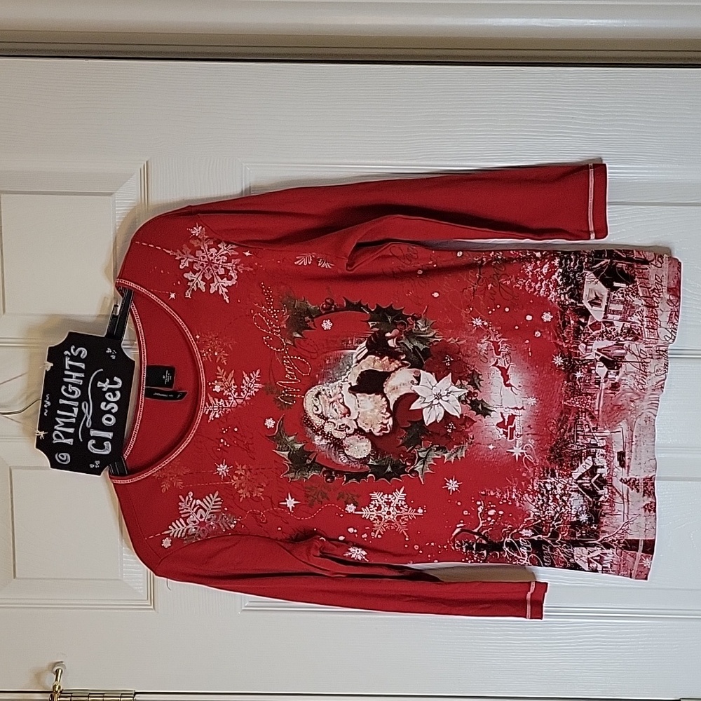 New Directions Santa Top Medium Embellished Red Black White Green